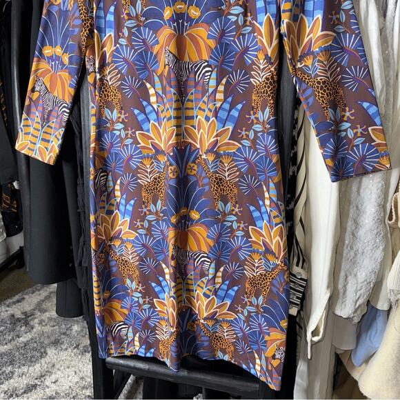 J. McLaughlin Sophia Safari Print Dress Brown Blue Gold - Picture 4 of 9